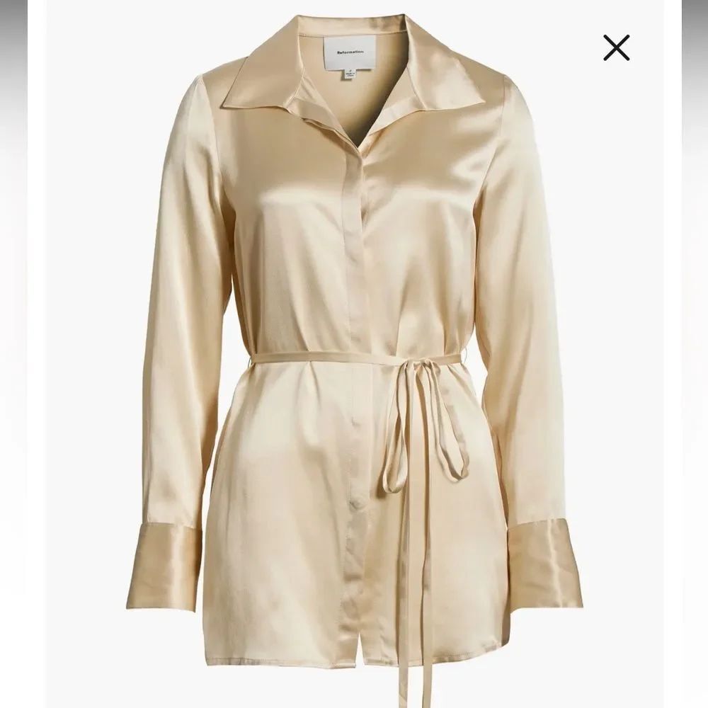 new Reformation Camilla silk belted blouse in almond - Picture 3 of 8